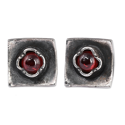 Garnet button earrings, 'Square Passion' - Square Sterling Silver and Natural Garnet Button Earrings