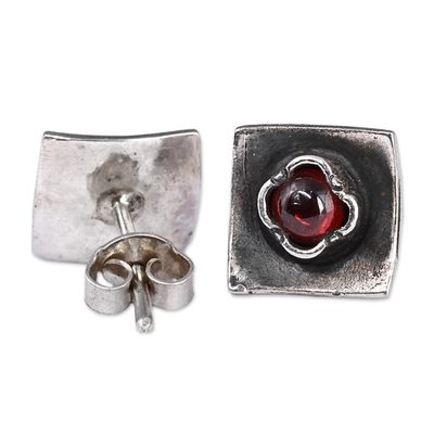 Garnet button earrings, 'Square Passion' - Square Sterling Silver and Natural Garnet Button Earrings
