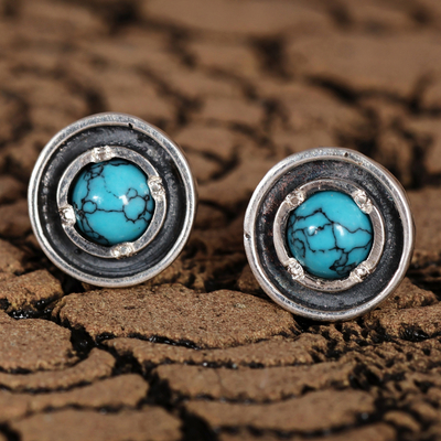 Reconstituted turquoise stud earrings, 'Tranquility Circle' - Reconstituted Turquoise Sterling Silver Round Stud Earrings