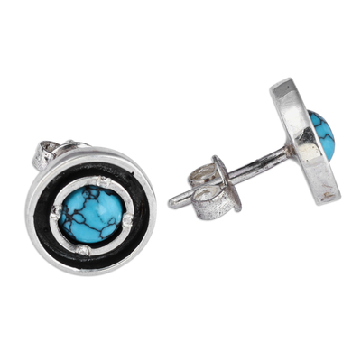 Reconstituted turquoise stud earrings, 'Tranquility Circle' - Reconstituted Turquoise Sterling Silver Round Stud Earrings