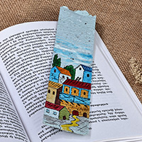 Recycled paper bookmark, 'colourful Cityscape' - Hand-Painted Cityscape-Themed Recycled Paper Bookmark