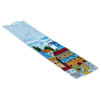 Recycled paper bookmark, 'Colorful Cityscape' - Hand-Painted Cityscape-Themed Recycled Paper Bookmark