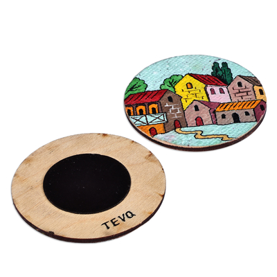 Recycled paper magnets, 'Evening at the Town' (pair) - Hand-Painted Warm-Toned Round Recycled Paper Magnets (Pair)