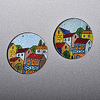 Recycled paper magnets, 'Morning at the Town' (pair) - Hand-Painted Colorful Round Recycled Paper Magnets (Pair)