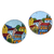 Recycled paper magnets, 'Morning at the Town' (pair) - Hand-Painted Colorful Round Recycled Paper Magnets (Pair)