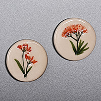 Ceramic magnets, 'Orange Blooms' (pair) - Two Hand-Painted Ceramic Magnets with Orange Flower Motifs