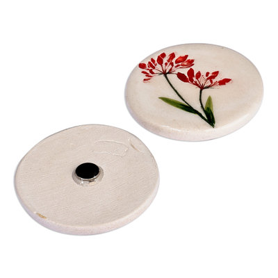 Ceramic magnets, 'Red Blooms' (pair) - Two Hand-Painted Ceramic Magnets with Red Flower Motifs