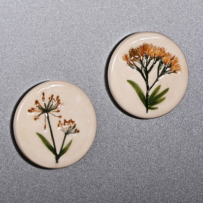 Ceramic magnets, 'Yellow Blooms' (pair) - Two Hand-Painted Ceramic Magnets with Yellow Flower Motifs
