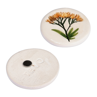 Ceramic magnets, 'Yellow Blooms' (pair) - Two Hand-Painted Ceramic Magnets with Yellow Flower Motifs