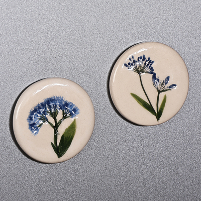 Ceramic magnets, 'Blue Blooms' (pair) - Two Hand-Painted Ceramic Magnets with Blue Flower Motifs