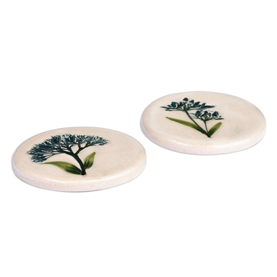 Imanes cerámicos, (par) - Dos imanes de cerámica pintados a mano con motivos de flores verde azulado