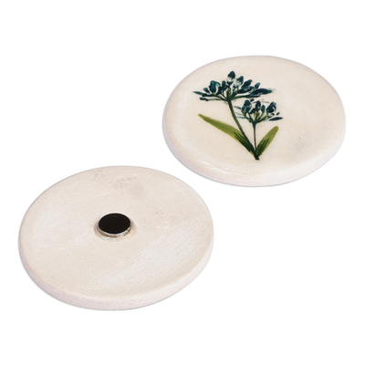 Ceramic magnets, 'Teal Blooms' (pair) - Two Hand-Painted Ceramic Magnets with Teal Flower Motifs