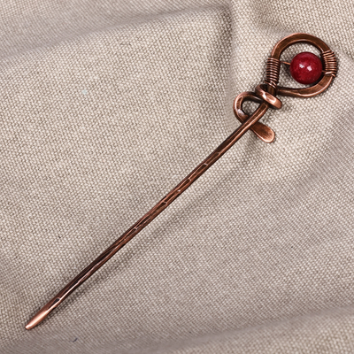 Carnelian and copper hairpin, 'My Fiery Beauty' - Antique-Finished Classic Carnelian and Copper Hairpin