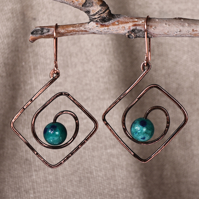 Jade dangle earrings, 'Diamond Ends' - Diamond-Shaped Copper and Natural Jade Dangle Earrings