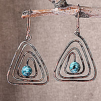 Jade dangle earrings, 'Labyrinth Ends' - Triangular Copper and Natural Jade Dangle Earrings