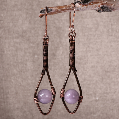 Jade dangle earrings, 'Awakening Beauty' - Antiqued Classic Copper and Purple Jade Dangle Earrings