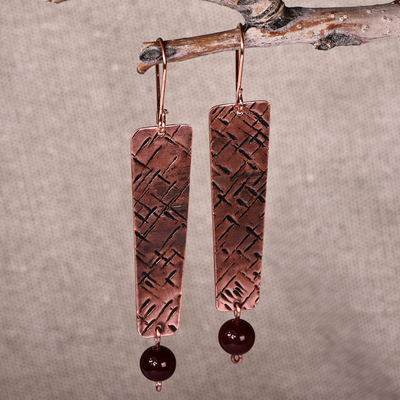 Carnelian dangle earrings, 'Tale of Courage' - Antique-Finished Copper and Carnelian Dangle Earrings