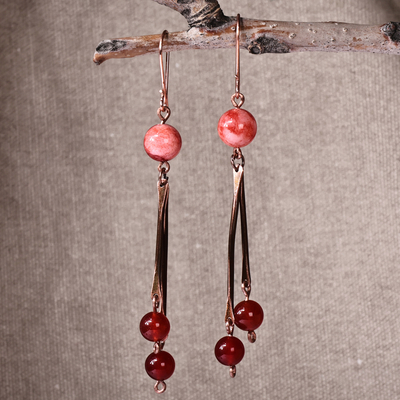 Carnelian waterfall earrings, 'Dancing Courage' - Antiqued Copper and Natural Carnelian Waterfall Earrings
