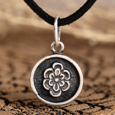 Sterling silver pendant necklace, 'Blooming Girl' - Oxidized Round Floral Sterling Silver Pendant Necklace