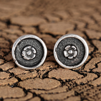 Sterling silver button earrings, 'Spring Nucleus' - Oxidized Round Floral Sterling Silver Button Earrings
