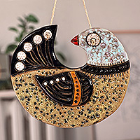 Arte de pared de cerámica, 'Jolly Bird' - Arte de pared de cerámica marrón y turquesa con temática de pájaros pintados