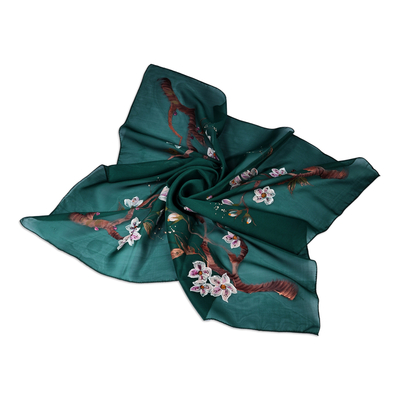 Hand-painted silk scarf, 'Harmonious Blooming' - Hand-Painted Floral-Themed Soft Green 100% Silk Scarf