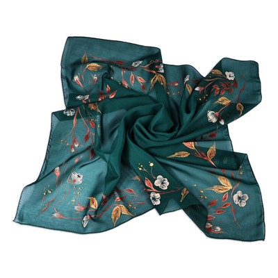 Hand-painted silk scarf, 'Harmonious Season' - Leafy and Floral Hand-Painted Soft Green Silk Scarf