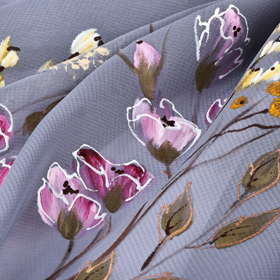 Hand-painted silk scarf, 'Serene Blooming' - Hand-Painted Floral-Themed Soft Grey 100% Silk Scarf