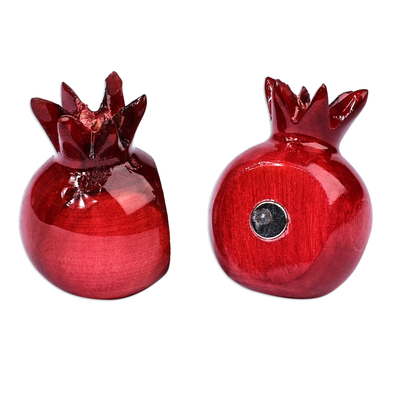 Wood magnets, 'Tiny Passion' (pair) - Pomegranate-Shaped Red Lindon Tree Wood Magnets (Pair)