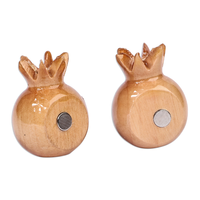 Wood magnets, 'Tiny Glory' (pair) - Pomegranate-Shaped Natural Lindon Tree Wood Magnets (Pair)