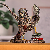 Papier mache sculpture, 'Bookworm Owl' - Hand-Painted Whimsical Owl-Themed Papier Mache Sculpture