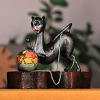 Papier mache sculpture, 'Whiskered World Explorer' - Hand-Painted Whimsical Cat-Themed Papier Mache Sculpture