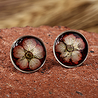 Natural flower button earrings, 'Luxurious Blossom' - Resin-Coated Meadowsweets Flower Button Earrings in Burgundy