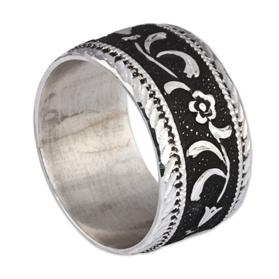 Sterling silver band ring, 'Blossoming Shadows' - Nature-Themed Polished and Oxidized Sterling Silver Ring