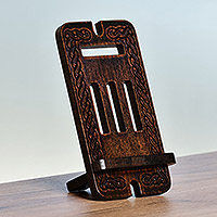 Wood phone holder, 'Ancestor's Night Blessing' - Traditional Handcrafted Dark Brown Beechwood Phone Holder