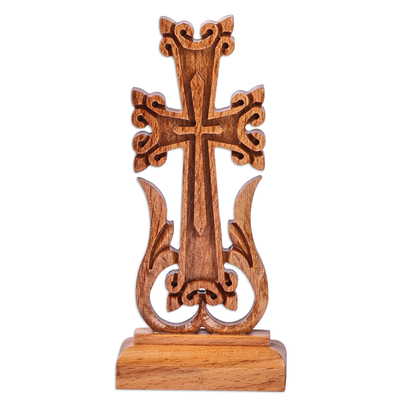 Wood cross, 'Sylvan Holiness' - Classic Hand-Carved Light Brown Beech Wood Cross
