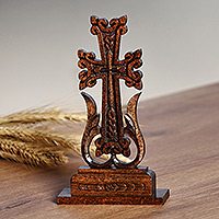 Wood cross, 'Sylvan Magnificence' - Classic Hand-Carved Dark Brown Beech Wood Cross