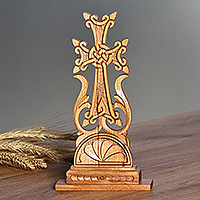 Cruz de madera, 'Flor de la Fe' - Cruz de madera de haya hecha a mano de arte popular tradicional