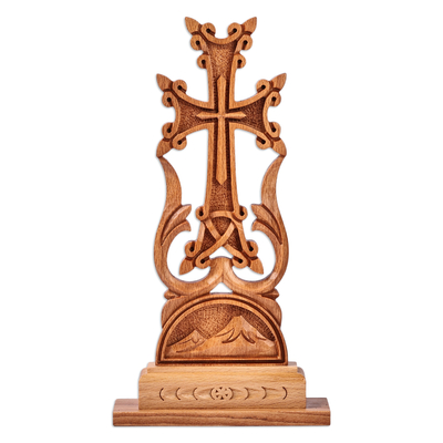 Wood cross, 'Mountain of Faith' - Nature-Themed Hand-Carved Folk Art Beechwood Cross