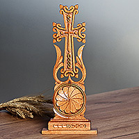Wood cross, 'Blossoming Cross' - Traditional Floral Beechwood Cross from Armenia