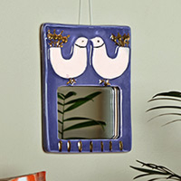 Ceramic wall accent mirror, 'Reflected Kiss' - Bird-Themed Azure and Golden Ceramic Wall Accent Mirror