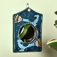 Espejo decorativo de pared de cerámica, 'Blue Wonder' - Espejo decorativo de pared de cerámica azul con temática de pájaros de Armenia