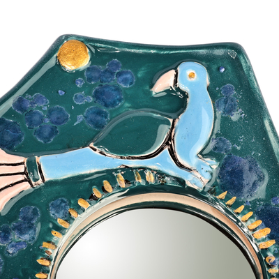Espejo decorativo de pared de cerámica - Espejo decorativo de pared de cerámica azul con temática de pájaros de Armenia