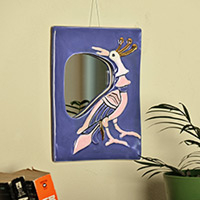 Ceramic wall accent mirror, 'Reflection Feathers in Blue' - Hand-Painted Bird-Themed Blue Ceramic Wall Accent Mirror