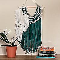 Cotton macrame wall hanging, 'Royal Feathers' - Feather-Themed Teal and Ivory Cotton Macrame Wall Hanging