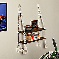 Cotton and wood macrame hanging shelf, 'Ivory Home' - Ivory Cotton and Dark Brown Beechwood Macrame Hanging Shelf