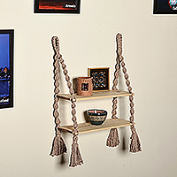 Cotton and wood macrame hanging shelf, 'Taupe Home' - Taupe Cotton and Beechwood Macrame Hanging Shelf