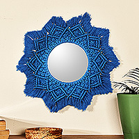 Cotton macrame wall accent mirror, 'Blue Frontier' - Handwoven Star-Shaped Blue Cotton Macrame Wall Accent Mirror