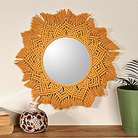 Cotton macrame wall accent mirror, 'Prosperous Reflection' - Handwoven Floral Yellow Cotton Macrame Wall Accent Mirror