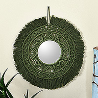 Cotton macrame wall accent mirror, 'Portal to Harmony' - Handwoven Green Cotton Macrame Wall Accent Mirror